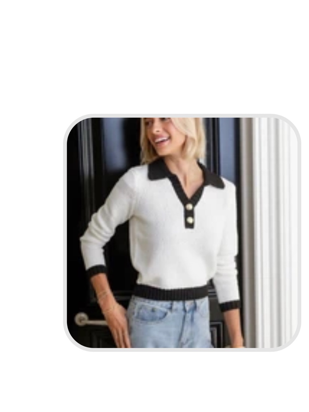 Benaar black and white margaret Sweater with Black Trim and Gold Buttons